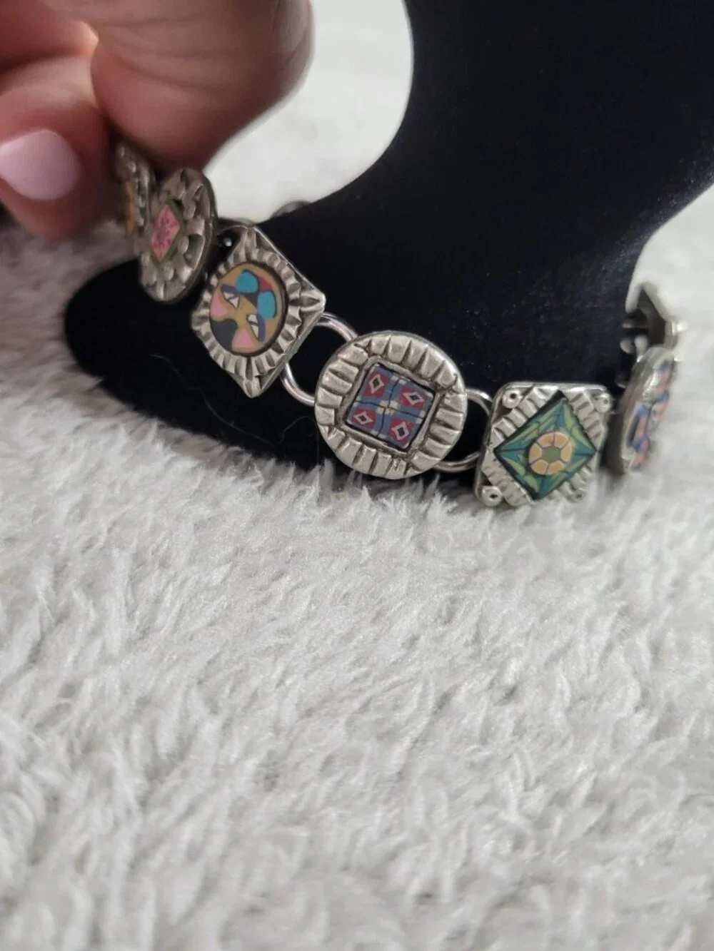 Vintage Artisan Polymer Clay Millefiori Link Bracelet Mixed Media Boho B16E